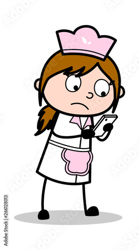 Playing Games in Smartphone - Retro Cartoon Waitress Female Chef Vector Illustration