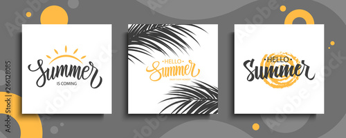 Hello Summer cards set. Summertime seasonal backgrounds with hand drawn lettering Hello Summer, palm leaves and sun. Vector illustration.
