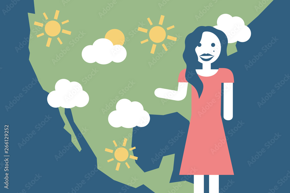 Weather forecast on TV. Beautiful woman presenter is presenting news about weather in United States of America. Vector illustration Weather forecast on TV. Beautiful woman presenter is presenting news about weather in United States of America. Vector illustration