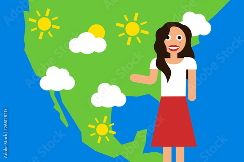 Weather forecast on TV. Beautiful woman presenter is presenting news about weather in United States of America. Vector illustration