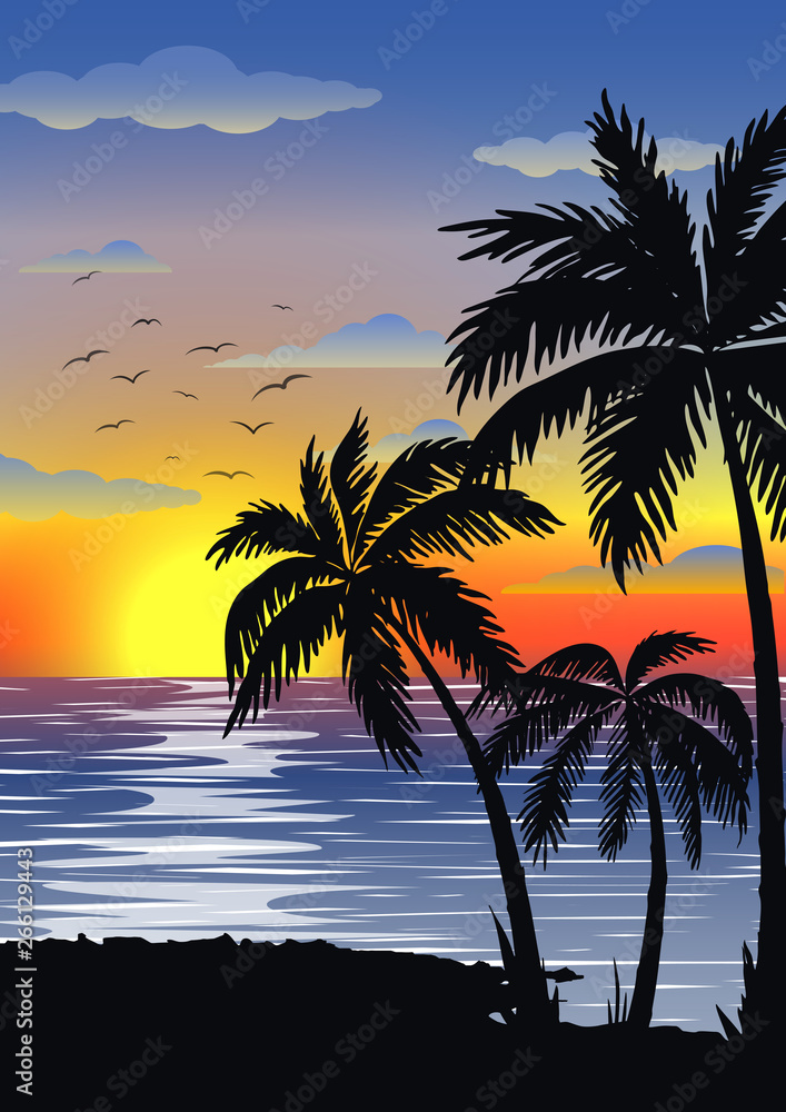 Exotic tropical  landscape with  palms. Palm trees at sunset or moonlight, with cloudy sky. Seascape. Tourism and travelling. Vector flat design