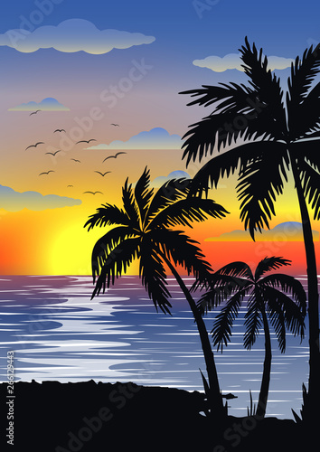 Exotic tropical landscape with palms. Palm trees at sunset or moonlight, with cloudy sky. Seascape. Tourism and travelling. Vector flat design