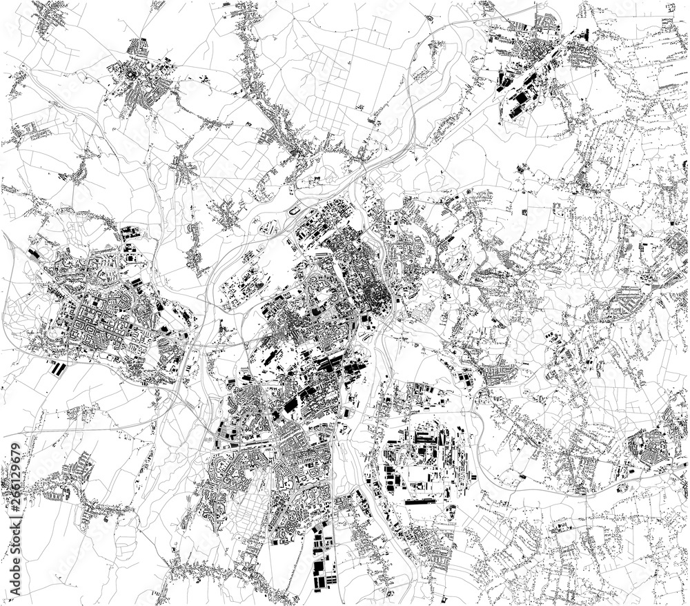 Satellite map of Ostrava. It is a city in the north-east of the Czech Republic and is the capital of the Moravian-Silesian Region. Map of streets and buildings of the town center. Europe