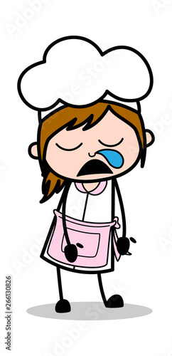 Running Nose While Sleeping - Retro Cartoon Waitress Female Chef Vector Illustration