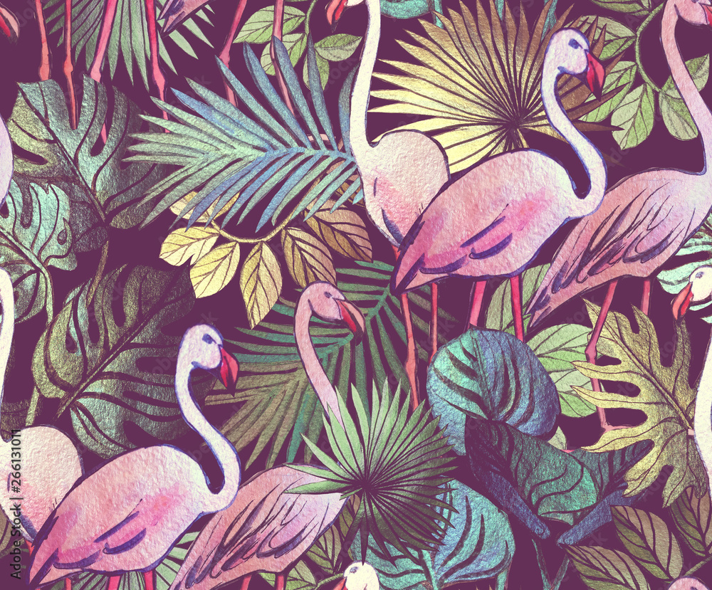 Seamless pattern with tropical leaves and pink flamingos. Tropical background.