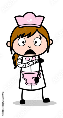 Patient with Fracture in Hand - Retro Cartoon Waitress Female Chef Vector Illustration