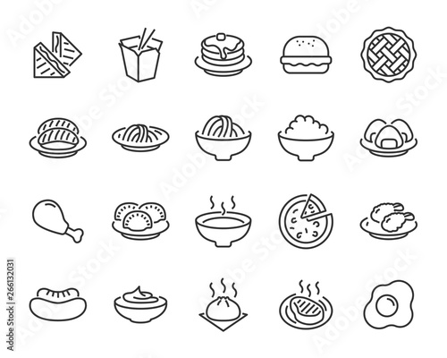 set of food icons, such as pizza, noodle, rice, pie, steak, fried chicken, sushi, dumpling