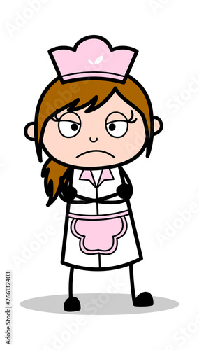 Very Disappointed Face Expression - Retro Cartoon Waitress Female Chef Vector Illustration