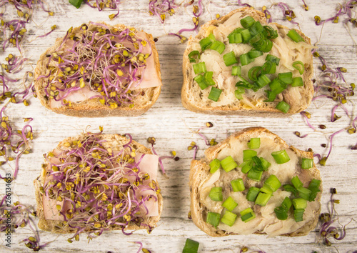 Sandwiches with ham, smoked mackerel and kale sprouts as an ingredient of a healthy diet. photo