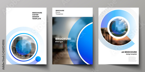 The vector layout of A4 format modern cover mockups design templates for brochure, magazine, flyer, booklet, annual report. Creative modern blue background with circles and round shapes.