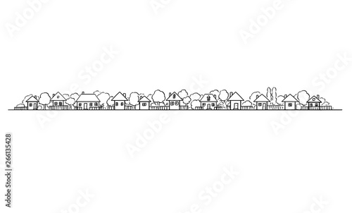 Vector artistic drawing and illustration of generic village or countryside buildings and gardens with trees in European style. Long horizontal design element.