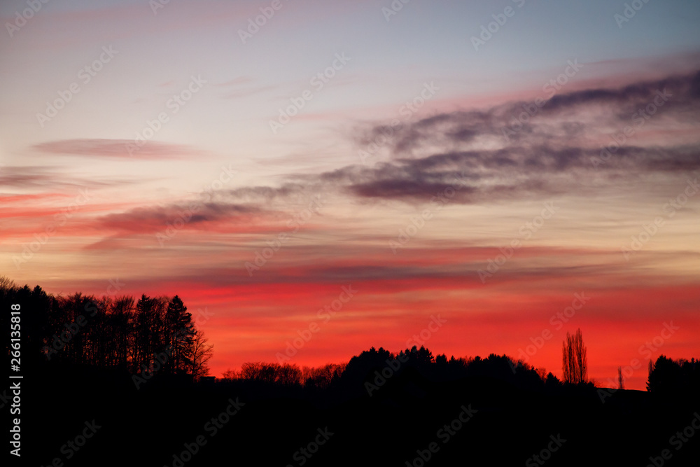 colorful sunset with glowing clouds and a tree a hill and valley silhouette in the austrian alps