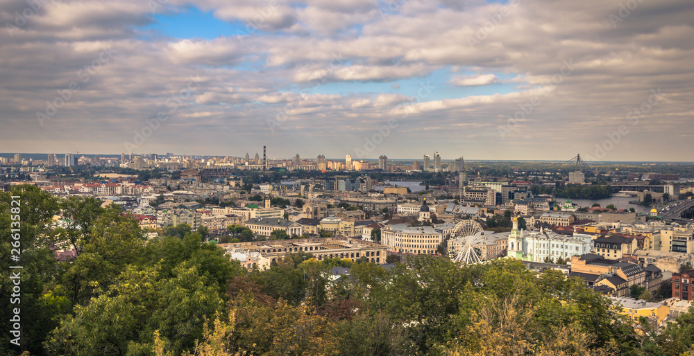 Kiev - September 28, 2018: Panorama of Kiev seen from Saint Andrew's Orthodox church in Kiev, Ukraine