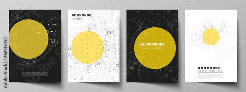 Vector layout of A4 format modern cover mockups design templates for brochure, magazine, flyer, report. Science or technology 3d background with dynamic particles. Chemistry and science concept.