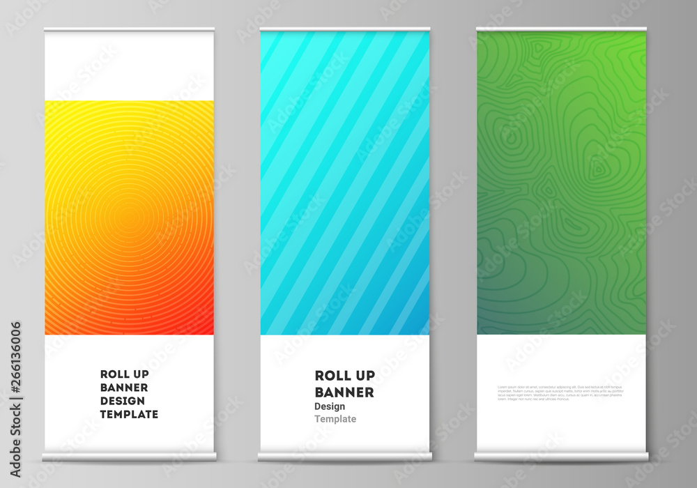 The vector illustration of the editable layout of roll up banner stands, vertical flyers, flags design business templates. Abstract geometric pattern with colorful gradient business background. The vector illustration of the editable layout of roll up banner stands, vertical flyers, flags design business templates. Abstract geometric pattern with colorful gradient business background.