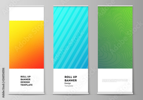 The vector illustration of the editable layout of roll up banner stands, vertical flyers, flags design business templates. Abstract geometric pattern with colorful gradient business background.