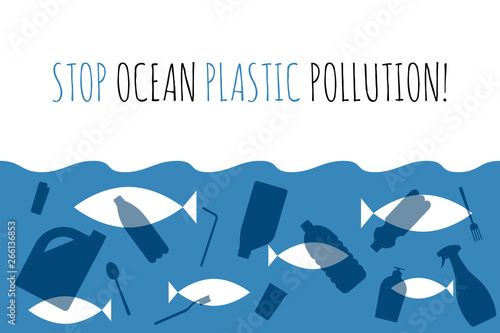 Stop ocean plastic pollution. Plastic garbage bag, bottle in the ocean graphic design. Water waste problem creative concept. Eco problem banner with restrictive sign.
