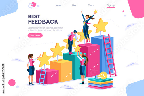Arrows score, win and grow. Star choose, best feedback comment. 5 stars rating, people and text, characters concept for web banner, infographics, hero images. Flat isometric vector illustration