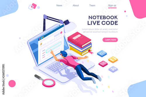 Media book library concept. E-book, reading an ebook to study on e-library at school. E-learning online archive. Flat Isometric characters vector illustration. Landing page for web. Notebook Live Code