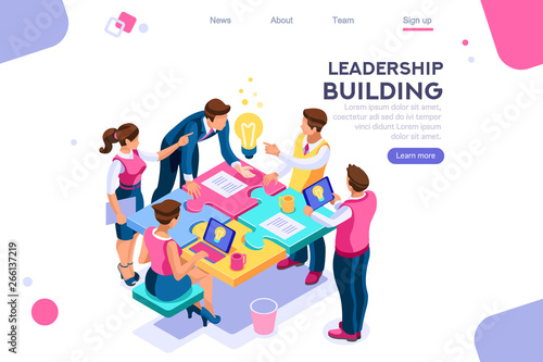 Leadership unity. Leader and business puzzle construction. Process support concept, can use for web banner, infographics, hero images. Flat isometric vector illustration isolated on white background