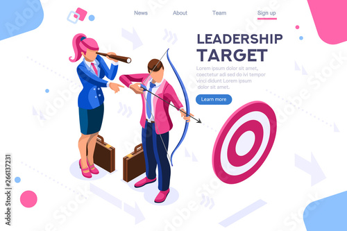 Running people, target forward. Leadership, climbing your way, job action. Can use for web banner, infographics, hero images. Flat isometric vector illustration isolated on white background