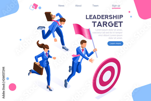 Running people, target forward. Leadership, climbing your way, job action. Can use for web banner, infographics, hero images. Flat isometric vector illustration isolated on white background