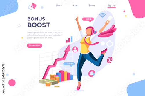 Graphic bonus management. Banner between white background, between empty space. 3d images isometric vector illustrations. Interacting people