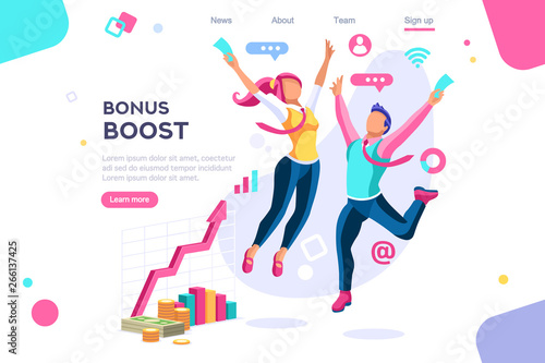 Graphic bonus management. Banner between white background, between empty space. 3d images isometric vector illustrations. Interacting people