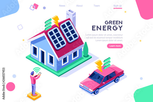 Digital solar building. Panels, electric economy, house device. Concept for infographics, hero images. Flat isometric vector illustration. Web banner between white background, between empty space © Aurielaki