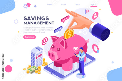 Depositing, banknote banner. Money on smartphone, coin holding. Bank concept for infographics, hero images. Flat isometric vector illustration. Web banner between white background, between empty space
