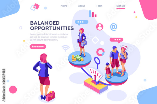 Choice, life responsibility, job choosing, professional decision balance. Banner between white background, between empty space. 3d images isometric vector illustrations. Interacting people