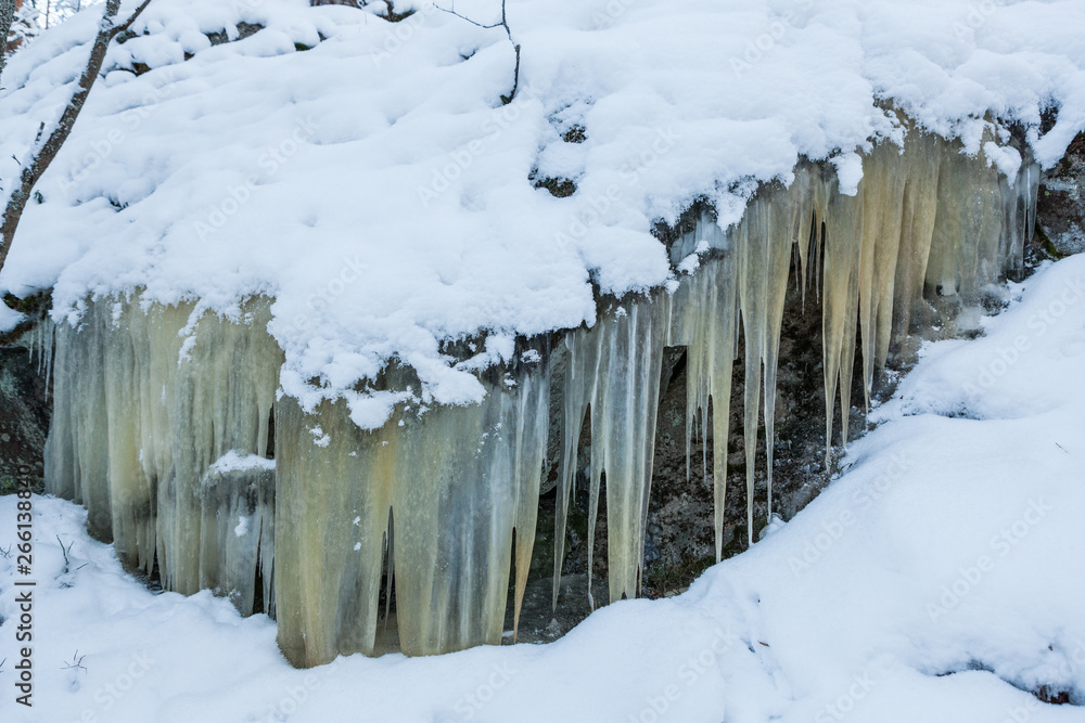 Icicles hanging over rock in the forest Icicles hanging over rock in the forest