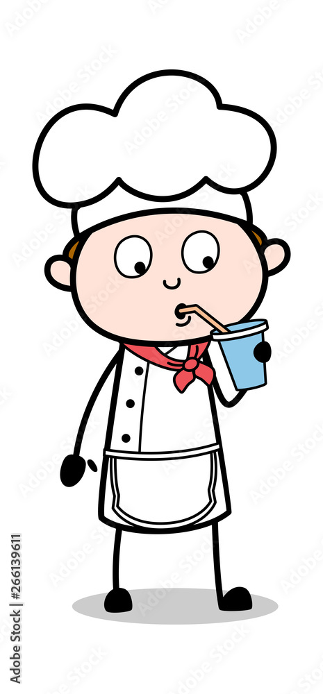Drinking Energy Water - Cartoon Waiter Male Chef Vector Illustration Drinking Energy Water - Cartoon Waiter Male Chef Vector Illustration