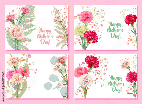 Set horizontal Mother's Day cards with carnation: red, pink, white flowers, twig gypsophile, leaves eucalyptus, fern. Templates for design, vintage botanical illustration, watercolor style, vector, A4