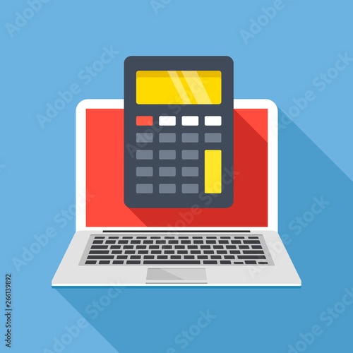 Laptop with calculator on screen. Flat design. Vector illustration photo