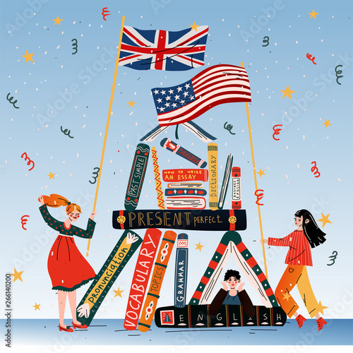Young people with books, British and American flags