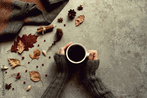 Fall leaves, cones, dry berry and woman's hands with cup of coffee and a warm scarf on gray table background. Seasonal, morning coffee, Sunday relaxing and still life concept. Top view. Toned image.
