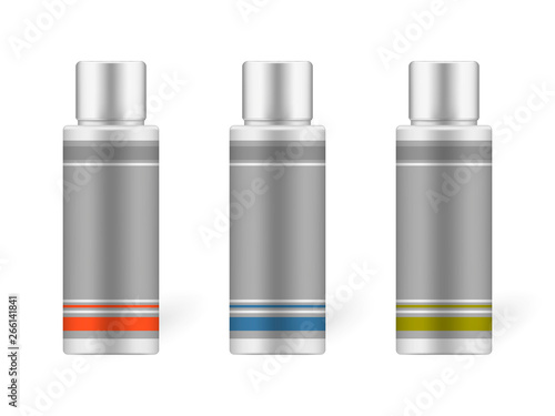 Cosmetic bottle with screw cap, realistic mock-up set. Beauty skin care product packaging containers with blank labels isolated on white background, vector template