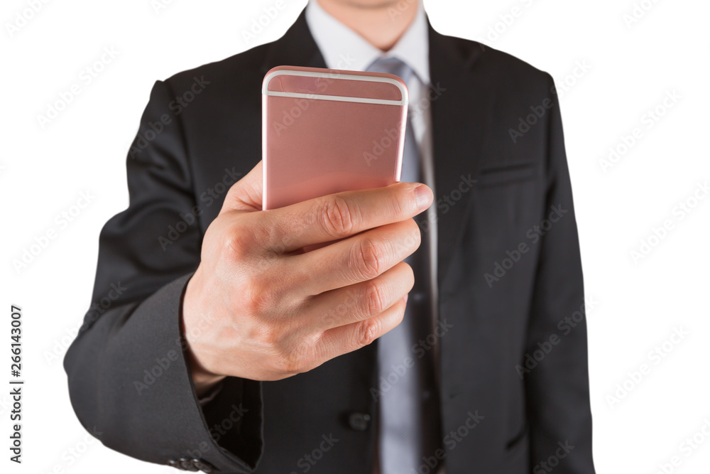 Businessman use smartphone, communication 4G 5G network telephone on white background for free space text as business, technology and telecom concept Businessman use smartphone, communication 4G 5G network telephone on white background for free space text as business, technology and telecom concept