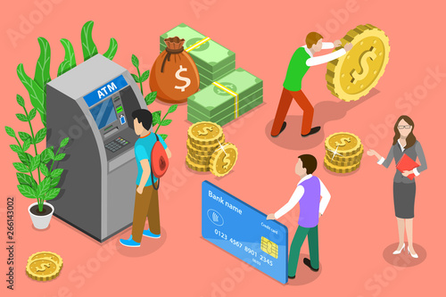 Isometric flat vector concept of ATM, bank card, automated teller machine.