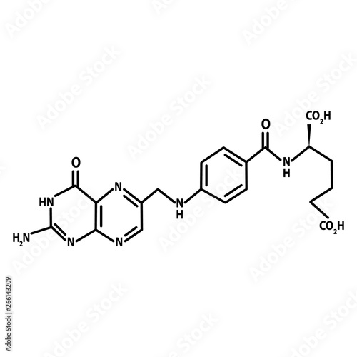 Vitamin B9. Folic acid Molecular chemical formula. Infographics. Vector illustration on isolated background.