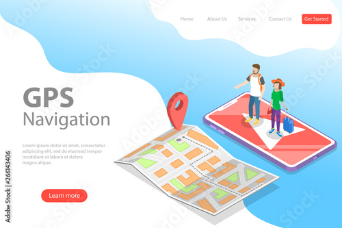 Isometric flat vector landing page tempate of mobile pgs navigation, city map, online geolocation.