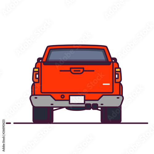 Rare view of big pickup. Line style vector illustration. Off road and pick up delivery vehicle banner. Offroad modern car from rare view. Modern off-road car design. Big truck pixel perfect banner.