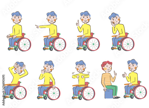 車椅子に座る男性 様々な表情 セット