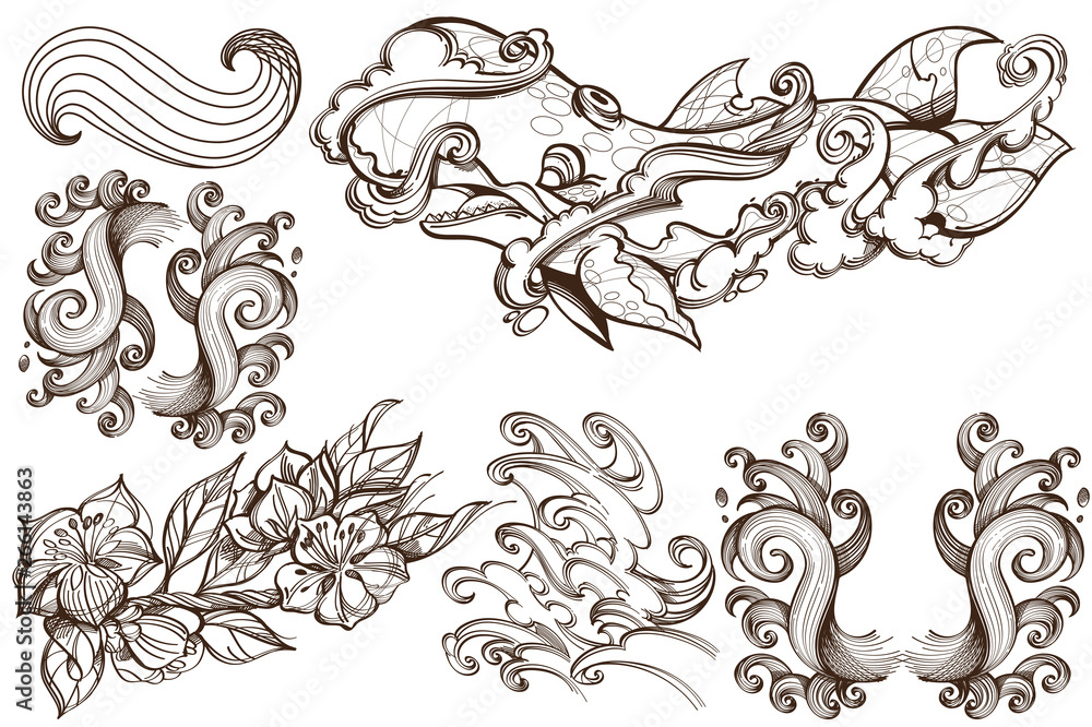 Curls, waves and a whale. A set of outline black and white illustrations with sketches of tattoos. Curls, waves and a whale. A set of outline black and white illustrations with sketches of tattoos.