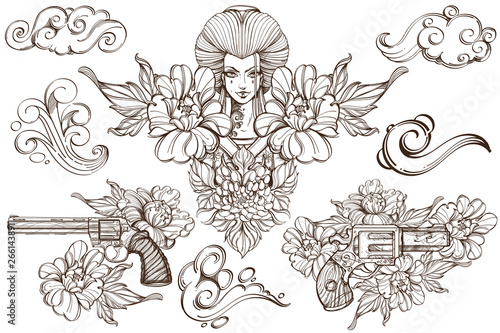 Contour image of asian woman in a kimono. Girl samurai on the background of old parchment. A set of outline illustrations with sketches of tattoos.