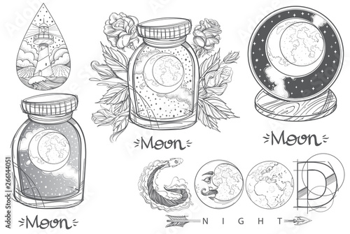 Moon in a glass jar. Beautiful inscription: Good night. A set of outline illustrations with sketches of tattoos.