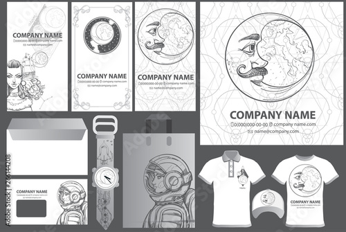 A set of beautiful black and white templates for creating posters, business cards, booklets, corporate style in the space style.
