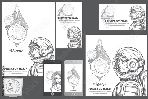 A set of beautiful black and white templates for creating posters, business cards, booklets, corporate style in the space style.