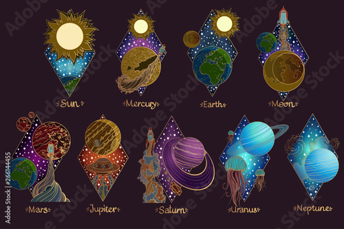 Planets of the solar system illustration. Planets and satellites. Astronomy.